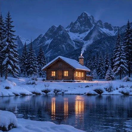 Image to image AI result example: a summer cabin transformed into a snowy winter evening scene