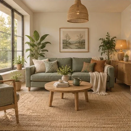 Image to image AI result example: a living room restyled with warm wood and green plants