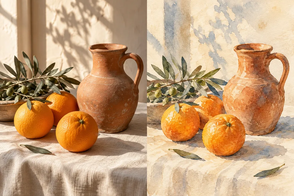 Image to image AI style transfer example: oranges and a terracotta pitcher shown as a photo and a watercolor painting.