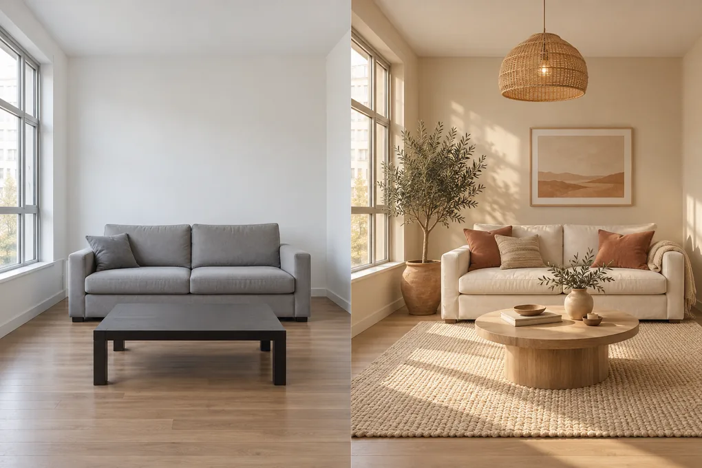 Image to image AI room restyling example: a gray living room beside a warm interior with a cream sofa and oak furniture.