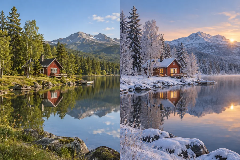 Image to image AI landscape comparison: the same lakeside cabin in green summer scenery and a snow-covered winter scene.